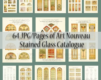 64 Pages Art Nouveau Glass Digital, Art Glass Catalogue, 64 Stained Glass Pages, Church Digital, Bookpage, Junk Journal Digital, Collage