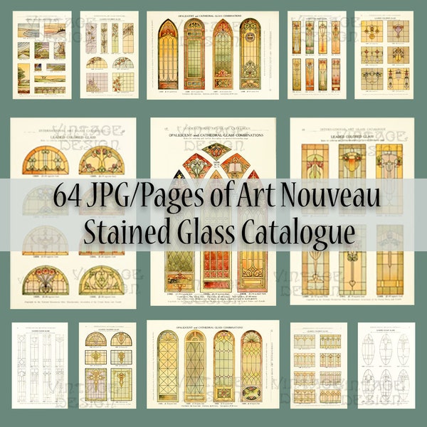 64 Pages Art Nouveau Glass Digital, Art Glass Catalogue, 64 Stained Glass Pages, Church Digital, Bookpage, Junk Journal Digital, Collage