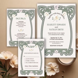 Art Nouveau Wedding Invitation Template, Vintage Wedding, Art Nouveau Set, Wedding Suite, Invitation Card, RSVP, Details, Romantic, VW11