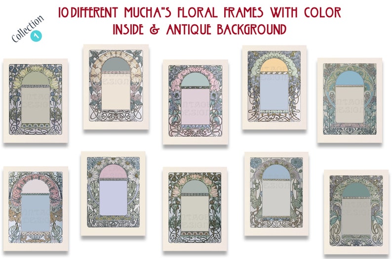 Op de afbeelding: Tien verschillende bloemframes met kleur erin en een antieke achtergrond. De frames zijn in de stijl van Alphonse Mucha, een Tsjechische Art Nouveau-kunstenaar.