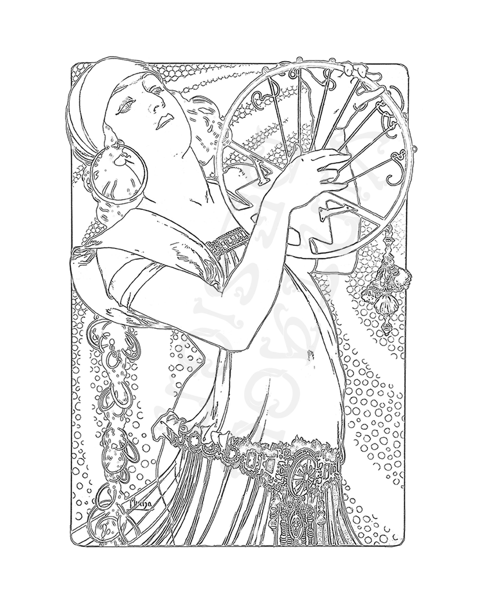 ミュシャの白黒イラスト、白昼夢、Cycles Perfecta、アールヌーボーの