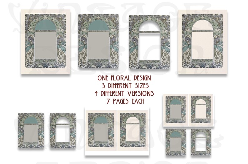 Op de afbeelding: Zeven pagina's met afdrukbare vintage bloemframes in verschillende maten. De frames hebben een lichtblauw, groen en gouden ontwerp met een decoratieve boog.