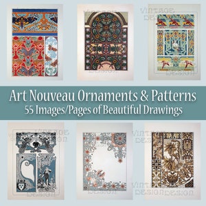 55 Pages Art Nouveau Ornaments, Art Nouveau Patterns, Bookpage, Junk Journal Digital, Collage, Art Deco, Art Nouveau Floral, Art Printable