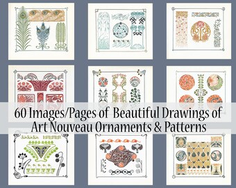 60 Pages Art Nouveau Ornaments, Art Nouveau Patterns, Bookpage, Junk Journal Digital, Collage, Art Deco, Art Nouveau Floral, Art Printable