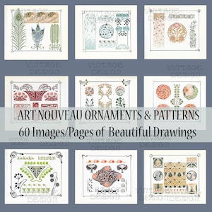60 Pages Art Nouveau Ornaments, Art Nouveau Patterns, Bookpage, Junk Journal Digital, Collage, Art Deco, Art Nouveau Floral, Art Printable