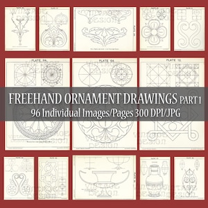 Op de afbeelding: Een verzameling van 96 zwart-witte lijntekeningen van verschillende geometrische en florale ornamentontwerpen. De tekeningen zijn genummerd en voorzien van titels. De tekst "FREEHAND ORNAMENT DRAWINGS PART 1" en "96 Individual Images/Pages 300 DPI/JPG" wordt bovenaan de afbeelding weergegeven.