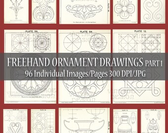 96 Pages Freehand Ornament Drawing Part 1, Ornament Vintage, Botanical Drawing, Bookpage, Junk Journal Digital, Collage, Junk Journal Nature