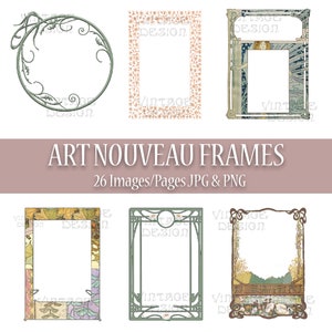 26 cadres Art nouveau, ensemble de cadres vintage, bordures imprimables Art nouveau, page de livre, journal indésirable, collage, scrapbooking, cadres numériques