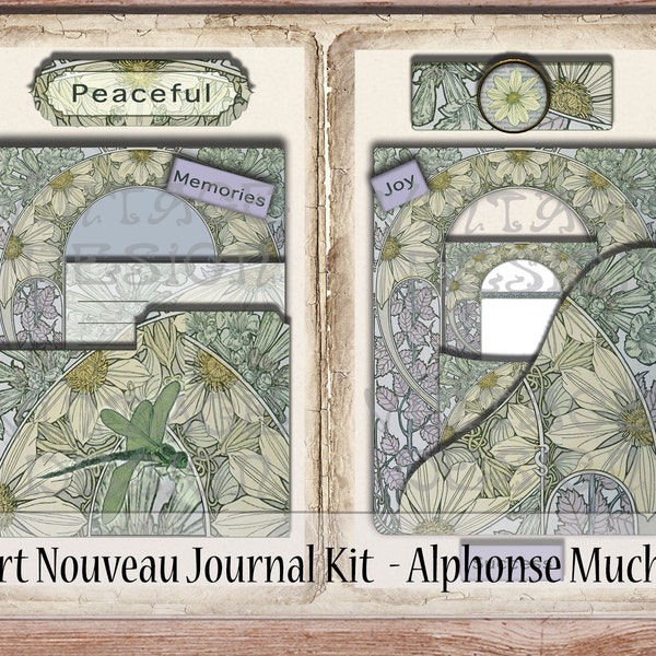 Mucha Art Nouveau Floral Junk Journal Kit, Alphonse Mucha, Scrapbooking, Embellishments, Journal Pages, Ephemera, Collage Sheet, Paper