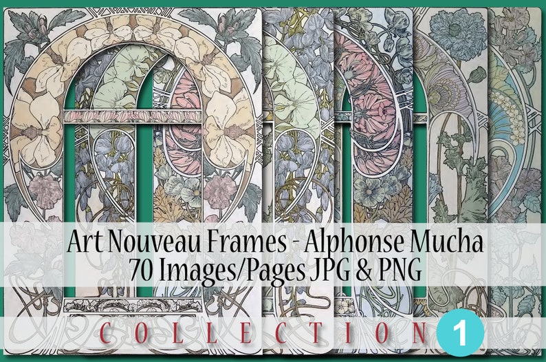 Op de afbeelding: Een verzameling van 70 Art Nouveau-kaders met bloemmotieven van Alphonse Mucha. De kaders zijn in tinten groen, blauw, roze en geel. De tekst "Art Nouveau Frames - Alphonse Mucha 70 Images/Pages JPG & PNG COLLECTION 1" is zichtbaar onderaan de afbeelding.