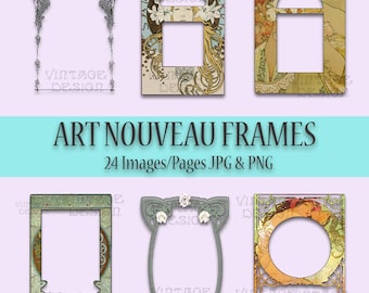 24 Art Nouveau Frames, Vintage Frames Set, Art Nouveau Printable Borders, Bookpage, Junk Journal, Collage, Scrapbooking, Digital Frames