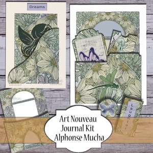Art Nouveau Junk Journal Kit, Alphonse Mucha, Floral Scrapbooking, Embellishments, Journal Pages, Ephemera, Collage, Pockets, Floral Journal