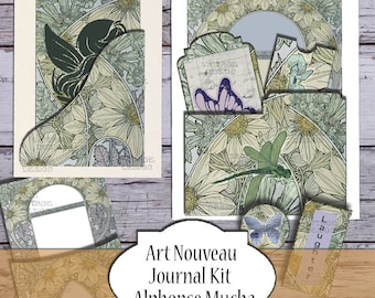 Jugendstil Junk Journal Kit, Alphonse Mucha, Floral Scrapbooking, Verzierungen, Journal Seiten, Ephemera, Collage, Taschen, Floral Journal