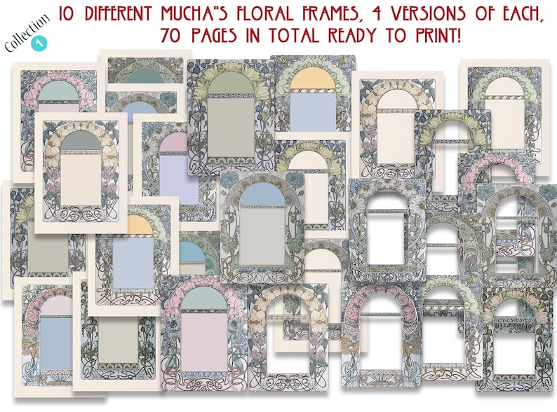 Op de afbeelding: Een verzameling van 70 printbare bloemframes ge&iuml;nspireerd door de kunst van Alphonse Mucha. Elk frame heeft een uniek ontwerp met ingewikkelde details en een verscheidenheid aan kleuren, waaronder blauw, groen, roze en geel.