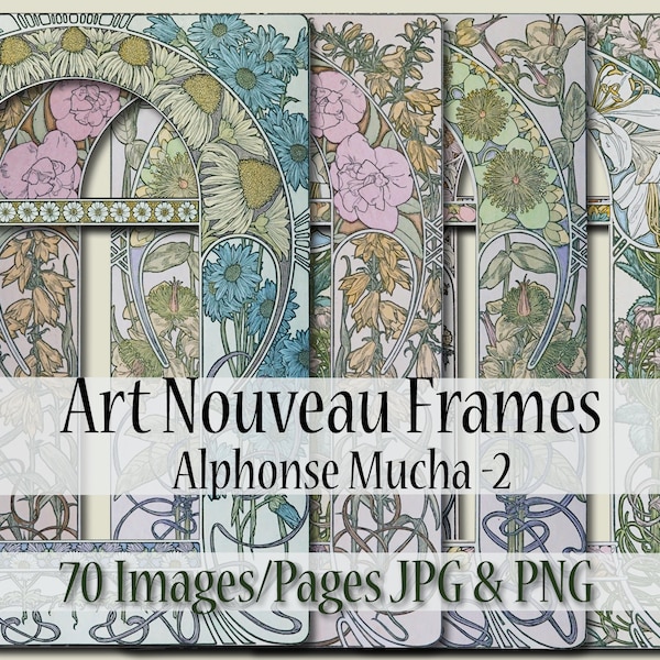 Mucha 70 Art Nouveau Floral Frames, Alphonse Mucha Frames, Mucha, Wedding Invitation, Junk Journal, Collage, Scrapbooking, Mucha Frame 2