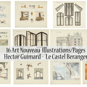 Può includere: Una collezione di 16 illustrazioni in bianco e nero di dettagli architettonici del periodo Art Nouveau. Le illustrazioni sono dell'edificio Castel Beranger progettato da Hector Guimard. Le illustrazioni includono dettagli di finestre, porte, ringhiere e altri elementi architettonici.