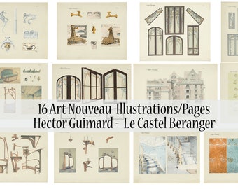 Hector Guimard, Le Castel Beranger, 16 Art Nouveau Pages of Illustrations, Art Nouveau Instant, Art Nouveau Ornamentation, Collage, Bookpage