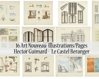 Hector Guimard, Le Castel Beranger, 16 pages Art Nouveau d’illustrations, Art nouveau instantané, Art nouveau ornementation, collage, page de livre