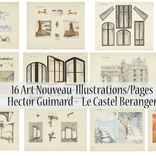 Hector Guimard, Le Castel Beranger, 16 Art Nouveau Pages of Illustrations, Art Nouveau Instant, Art Nouveau Ornamentation, Collage, Bookpage