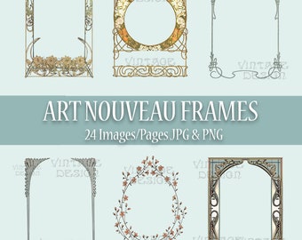 24 Art Nouveau Frames, Vintage Frames Set, Art Nouveau Printable Borders, Bookpage, Junk Journal, Collage, Scrapbooking, Digital Frames