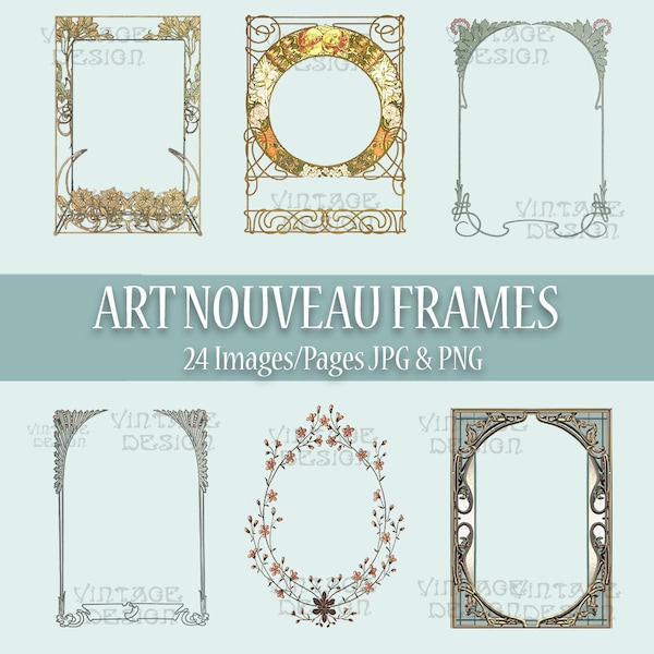 24 Art Nouveau Frames, Vintage Frames Set, Art Nouveau afdrukbare randen, boekenpagina, junk Journal, collage, scrapbooking, digitale fotolijsten