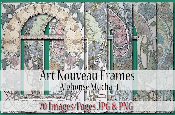Mucha 70 Art Nouveau Floral Frames, 10 Alphonse Mucha Frames, Mucha Botanical, Bookpage, Junk Journal, Collage, Scrapbooking, Mucha Frame 1