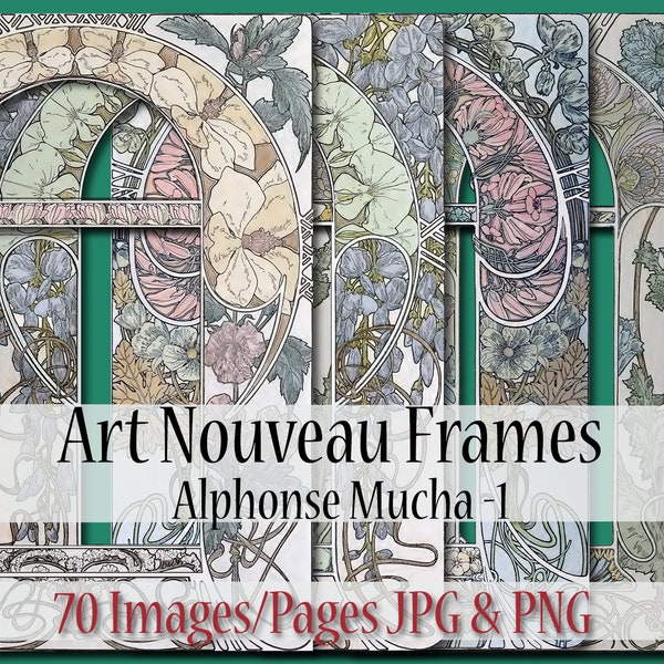 Mucha 70 Art Nouveau Floral Frames, 10 Alphonse Mucha Frames, Mucha Botanical, Bookpage, Junk Journal, Collage, Scrapbooking, Mucha Frame 1