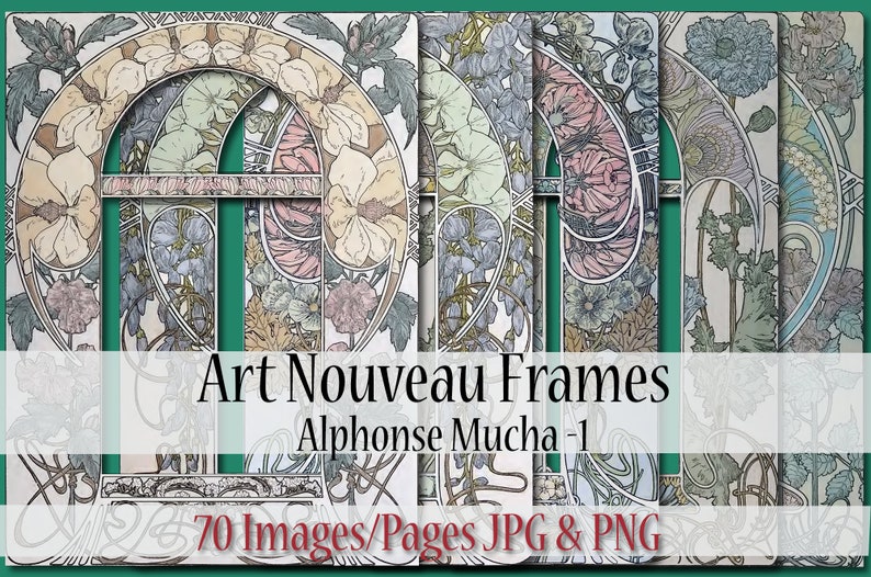 Op de afbeelding: Een set van 70 digitale afbeeldingen van Art Nouveau-kaders ontworpen door Alphonse Mucha. De kaders bevatten bloemmotieven in roze, blauwe en groene tinten.