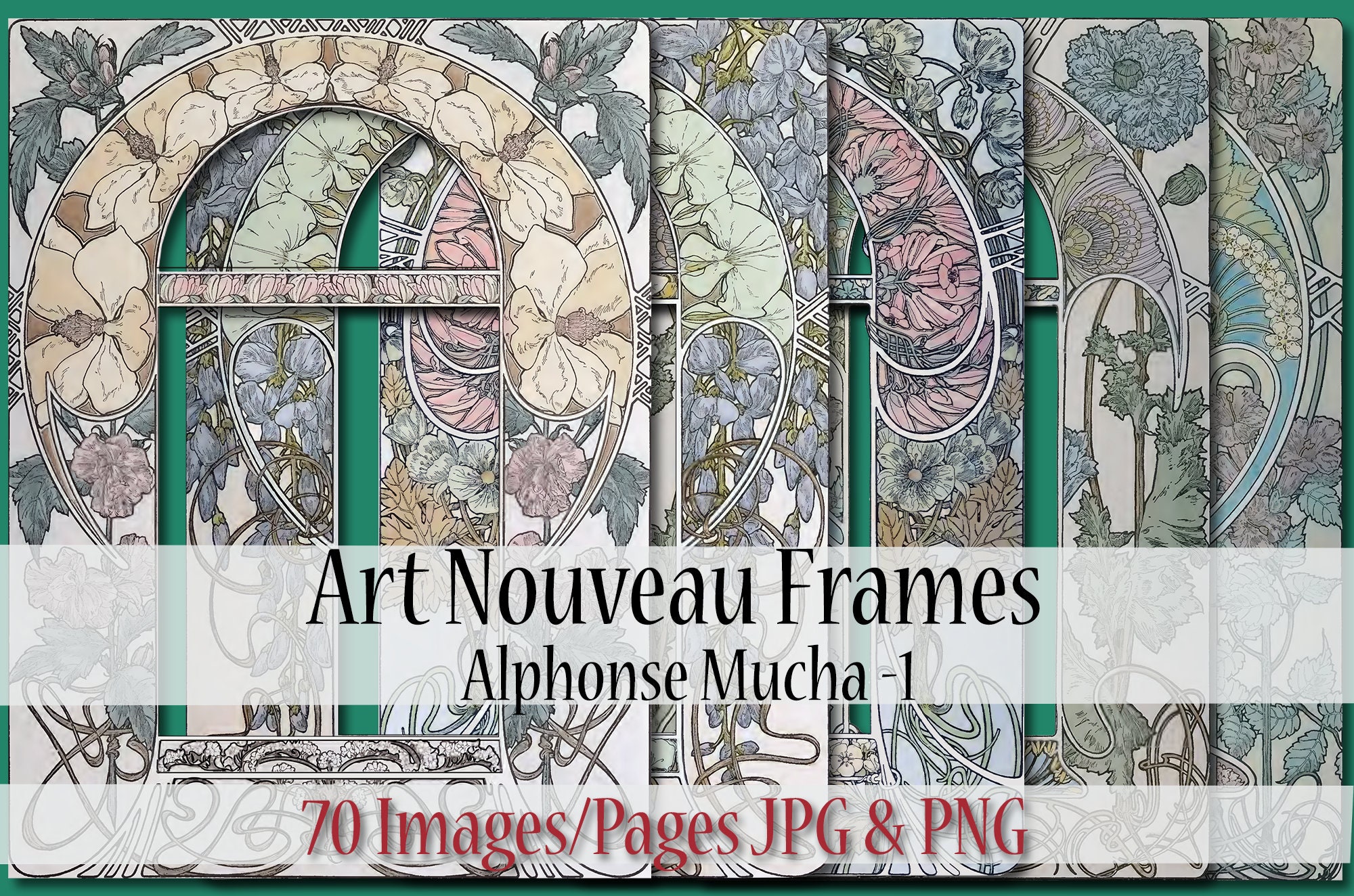 Mucha 70 Art Nouveau Floral Frames, 10 Alphonse Mucha Frames, Mucha Botanical, Bookpage, Junk Journal, Collage, Scrapbooking, Mucha Frame 1