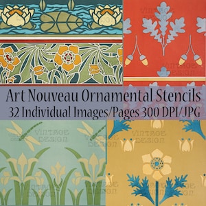 32 Pages Art Nouveau Ornaments, Art Nouveau Stencils, Vintage Pattern, Botanical, Bookpage, Junk Journal Digital, Collage, Art Nouveau Art
