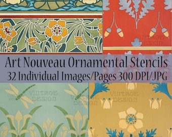 32 Pages Art Nouveau Ornaments, Art Nouveau Stencils, Vintage Pattern, Botanical, Bookpage, Junk Journal Digital, Collage, Art Nouveau Art