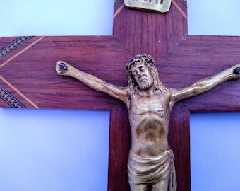 Antique French Art Deco Crucifix, 1920s Wooden Marquetry Cross, Metal Jesus Corpus Christi, Vintage Religious Wall Decor