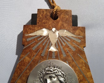 French Art Deco Holy Water Font, Jesus Christ Silver Medallion, Mother of Pearl Dove, Burr Wood, 1920s Religious Wall Art