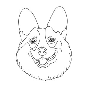 May include: A black and white line art illustration of a Corgi dog head. The drawing features the dog with large upright ears, a wide smiling mouth with the tongue visible, and distinct facial markings outlined in a clean, minimalist style.