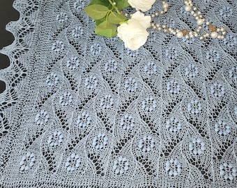 Hand-knitted Estonian lace shawl "Flower pattern ", light blue color