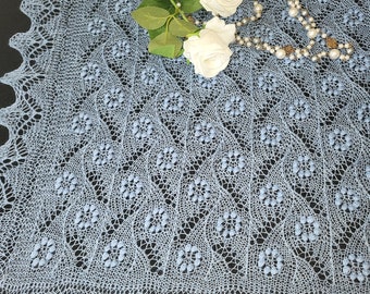 Hand-knitted Estonian lace shawl "Flower pattern ", light blue color