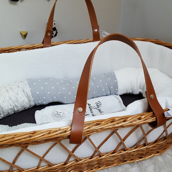 Anses en cuir marron cognac pour couffin bébé