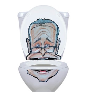 May include: A white toilet with a cartoon face on the seat and bowl. The face has a website address, "www.BowlFacedLiar.com", on the forehead.