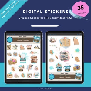 Vintage watercolor typewriters books stationery inspired goodnotes & png digital stickers for digital iPad planning and digital journaling