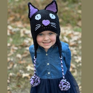 Charlee Cat Häkelanleitung, Katzenmütze gehäkelt, Halloween Katzenmütze, Mütze mit Flaps und Bommel, Baby, Kind, Erwachsener, Kostümmütze