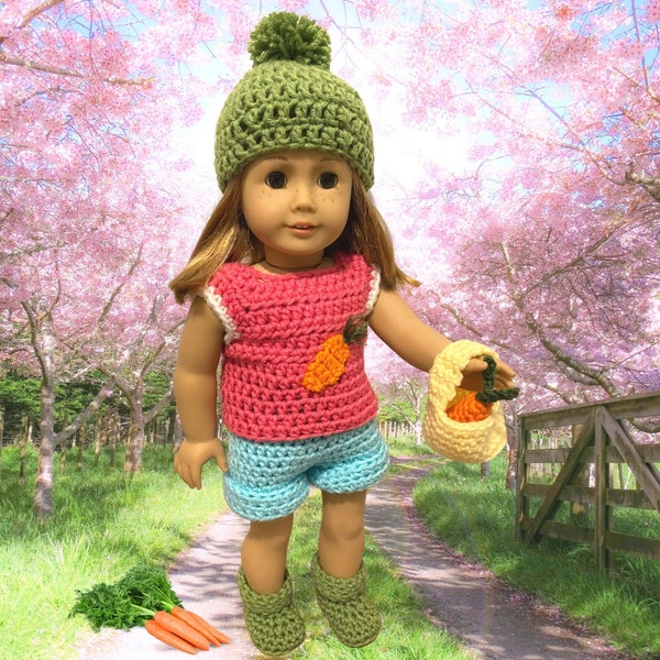 18" Doll Hannah Carrot Outfit Crochet pattern, Doll clothes crochet pattern, easter crochet pattern, doll easter basket, doll carrot, shoes