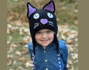 Charlee Cat Crochet pattern, crochet cat hat pdf pattern, halloween cat hat, hat with flaps and pompom, baby, child, adult, costume hat