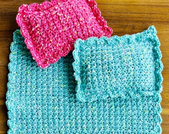 Couverture de poupée au crochet et modèle d’oreiller, couverture de poupée de bébé au crochet, couverture de poupée de 18 pouces