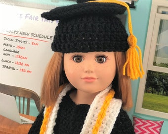 18" Doll Graduation Crochet PDF pattern, Doll cap with tassel crochet pattern, 18" Doll crochet doll clothes pattern, black, gold, white