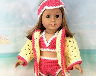 18" Doll Swimsuit Crochet PDF pattern, Doll sun visor, cover-up, bikini sandals crochet pattern, 18" Doll crochet doll clothes pattern