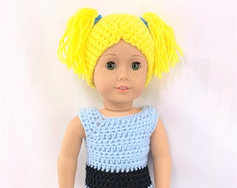 Crochet PDF pattern to make 18" Doll Halloween outfit, crochet doll clothes pattern, blue and black, yellow doll wig pattern