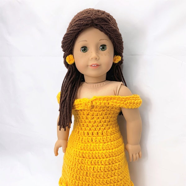 18" Doll Princess Crochet PDF pattern, Doll clothes pattern, gold pattern, black hair wig pattern, doll Halloween costume