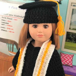 18&quot; Doll Graduation Crochet PDF pattern, Doll cap with tassel crochet pattern, 18&quot; Doll crochet doll clothes pattern, black, gold, white