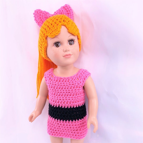 Crochet PDF pattern to make 18" Doll halloween outfit, crochet doll clothes pattern, Pink and orange, doll wig pattern