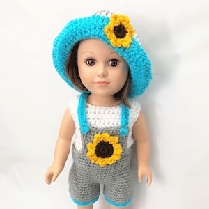 18" doll Crochet Pattern sunflower overall shorts, crochet doll clothes pattern, 18 inch doll clothes pattern, gray yellow